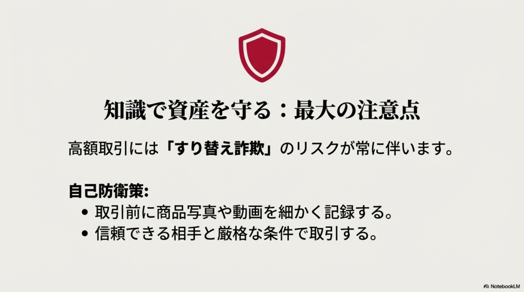 知識で資産を守るための最大の注意点。高額取引に伴う「すり替え詐欺」のリスクと、取引前の記録や信頼できる相手選びなどの自己防衛策について