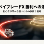 「ベイブレードX 勝利への道」というタイトルと、「初心者卒業から勝つための技術と戦略」というサブタイトルが書かれた、プレゼンテーションの表紙スライド 。