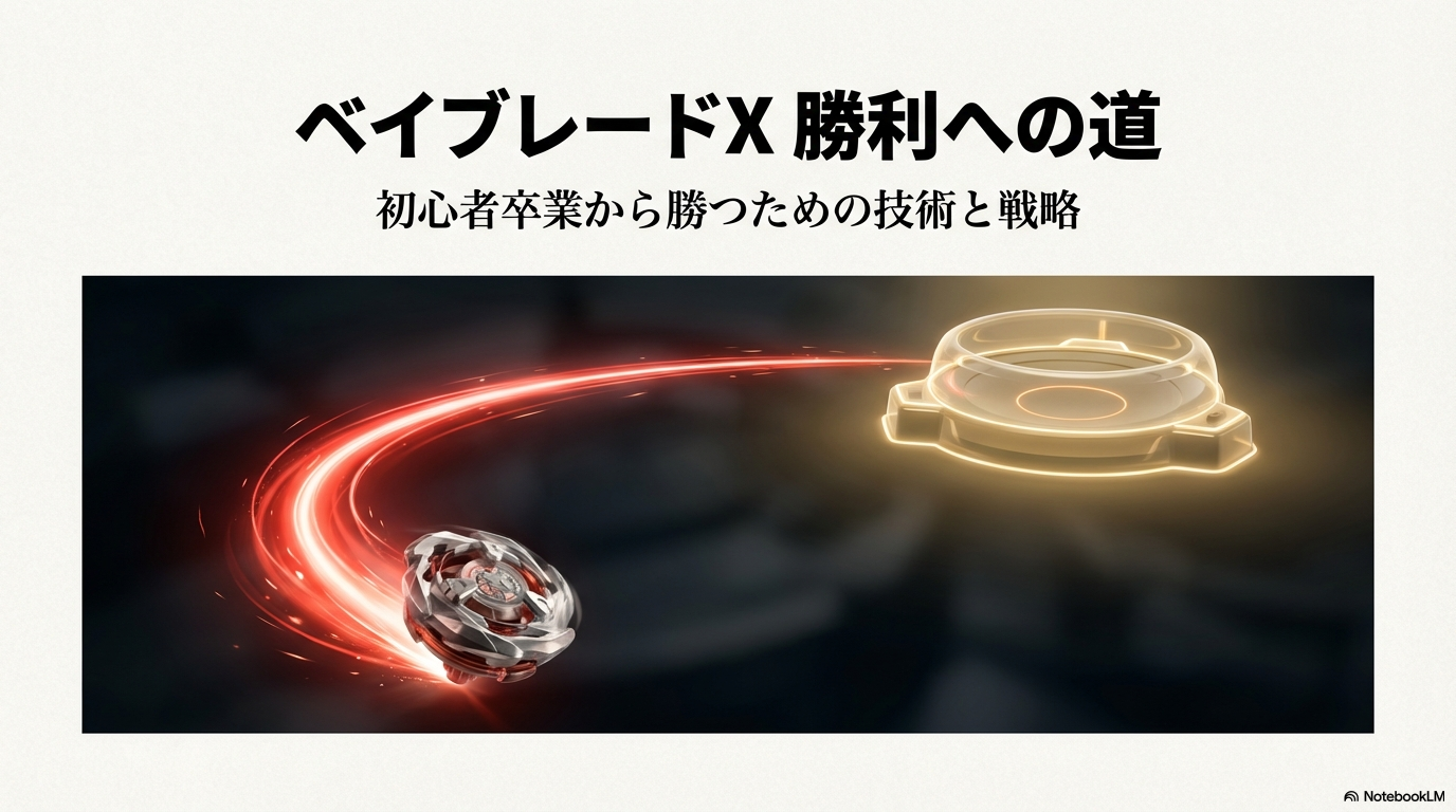 「ベイブレードX 勝利への道」というタイトルと、「初心者卒業から勝つための技術と戦略」というサブタイトルが書かれた、プレゼンテーションの表紙スライド 。