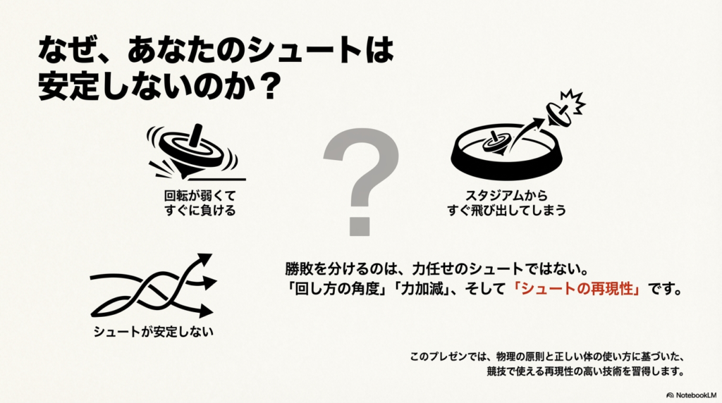 シュートが安定しない、回転が弱くて負ける、スタジアムから飛び出してしまうといった、ベイブレードX初心によくある失敗例のイラスト 。