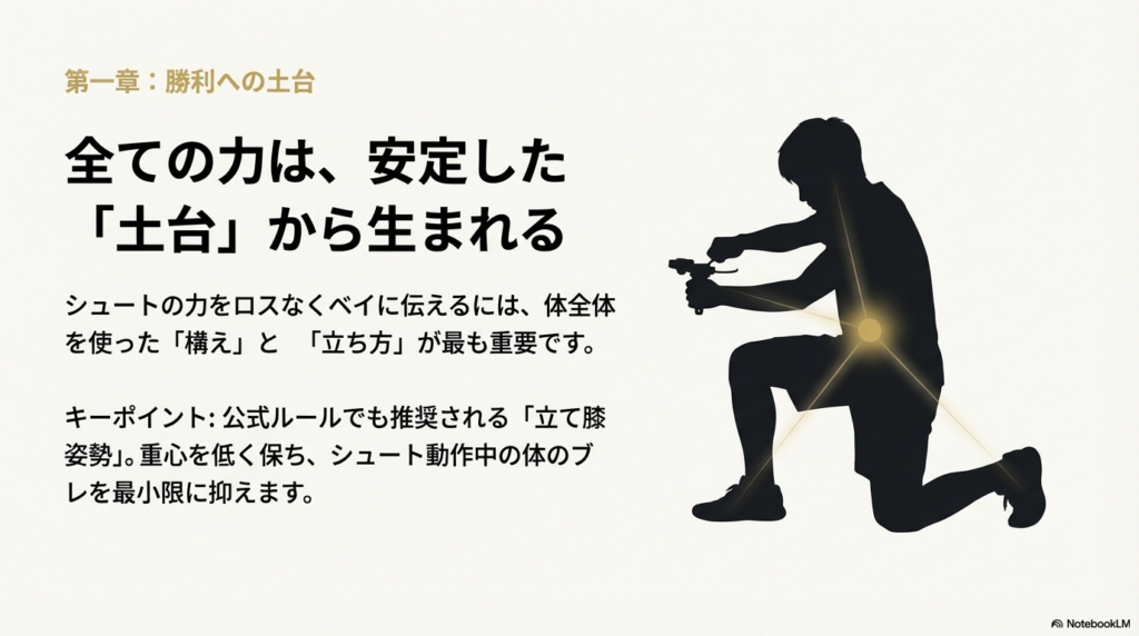 重心を低く保ち体のブレを抑えるために、片膝を床につけた「立て膝姿勢」をとっているブレーダーのシルエット図 。