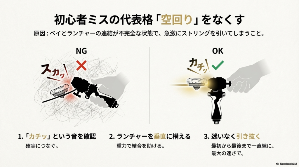 ベイブレードとランチャーの接続が甘いNG例と、カチッと音がするまで垂直にセットし空回りを防ぐOK例の比較イラスト 。
