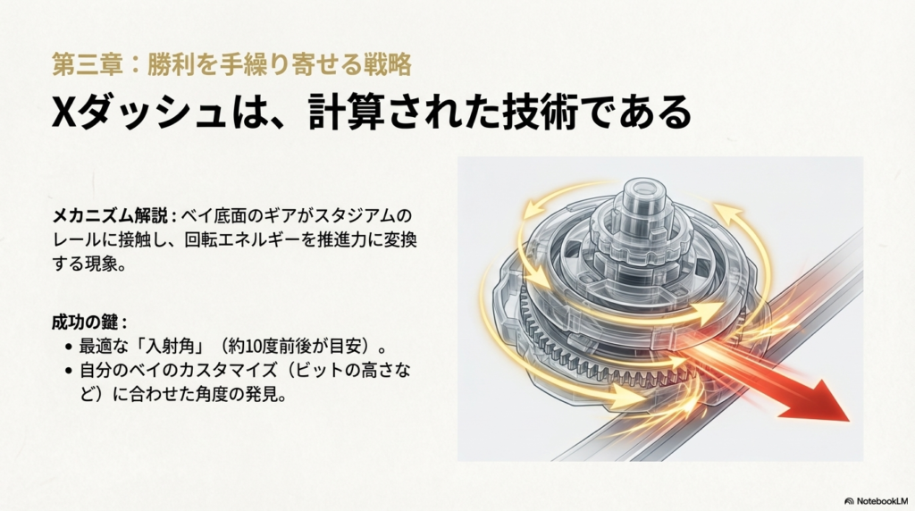 ベイブレード底面のギアがスタジアムのレールに接触し、回転力が加速力へと変換されるXダッシュの構造解説図 。