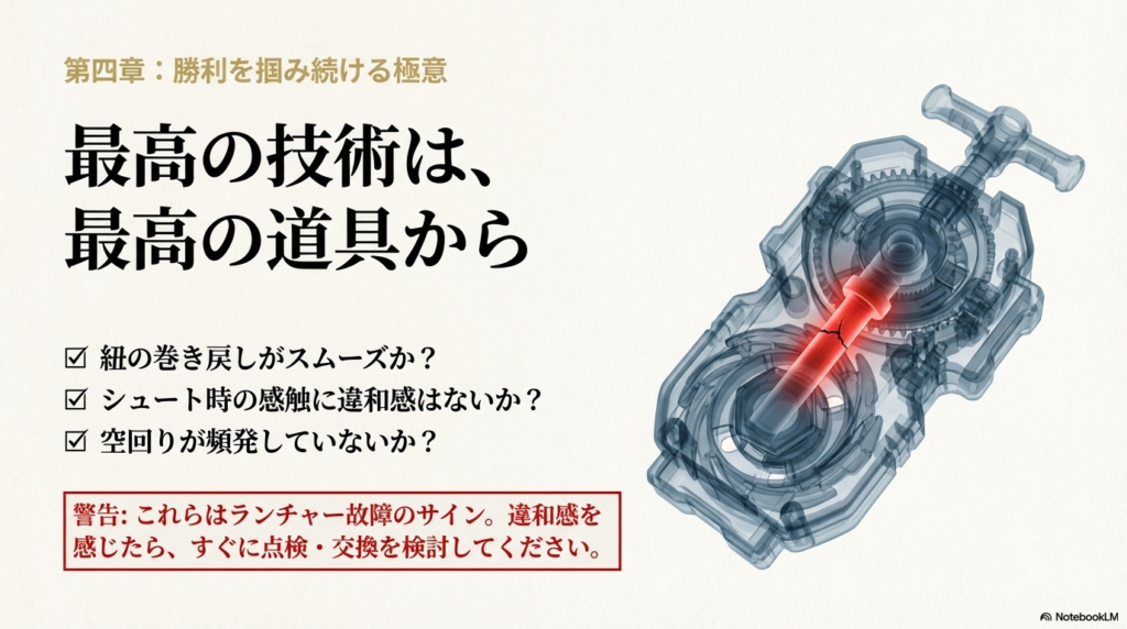 ランチャー内部の軸が歪んでいるイメージ図と、紐の巻き戻し不良や異音など、交換を検討すべき故障のチェックリスト 。