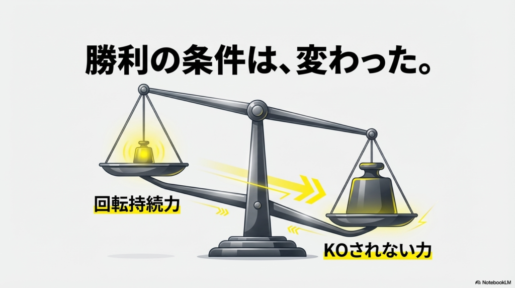 スタミナタイプにおける回転持続力よりもKOされない力が重いことを示す天秤の図