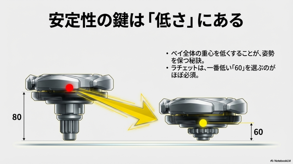 ラチェットの高さ80mmと60mmを比較し、低い方が安定性が高いことを示す図解