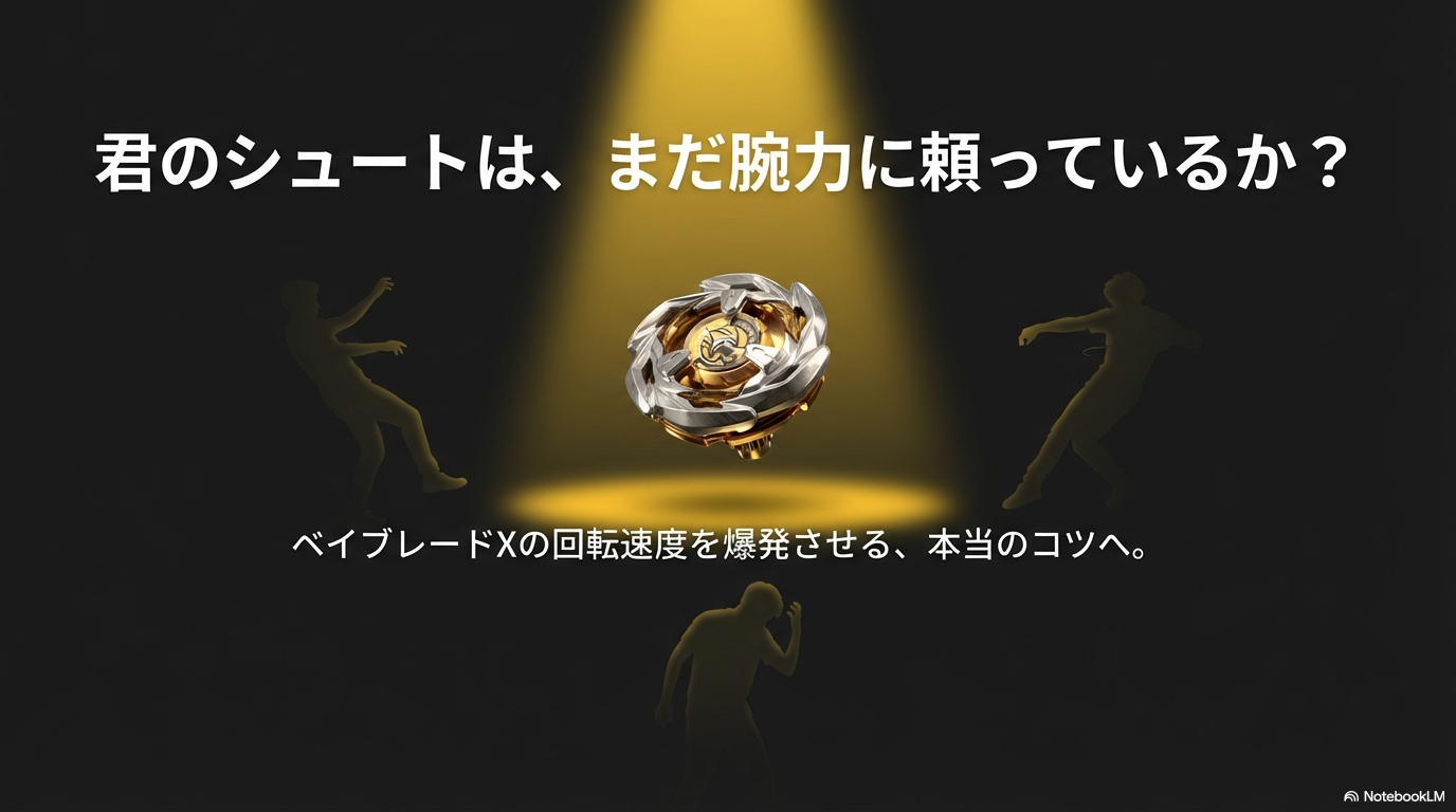 「君のシュートは、まだ腕力に頼っているか？」という問いかけと、回転速度を爆発させるコツへの招待状となる黄金のベイブレード画像