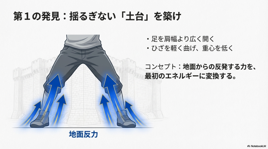 足を肩幅に開き、膝を曲げて地面からの反発力をエネルギーに変えるシュートフォームの土台となる姿勢の図解