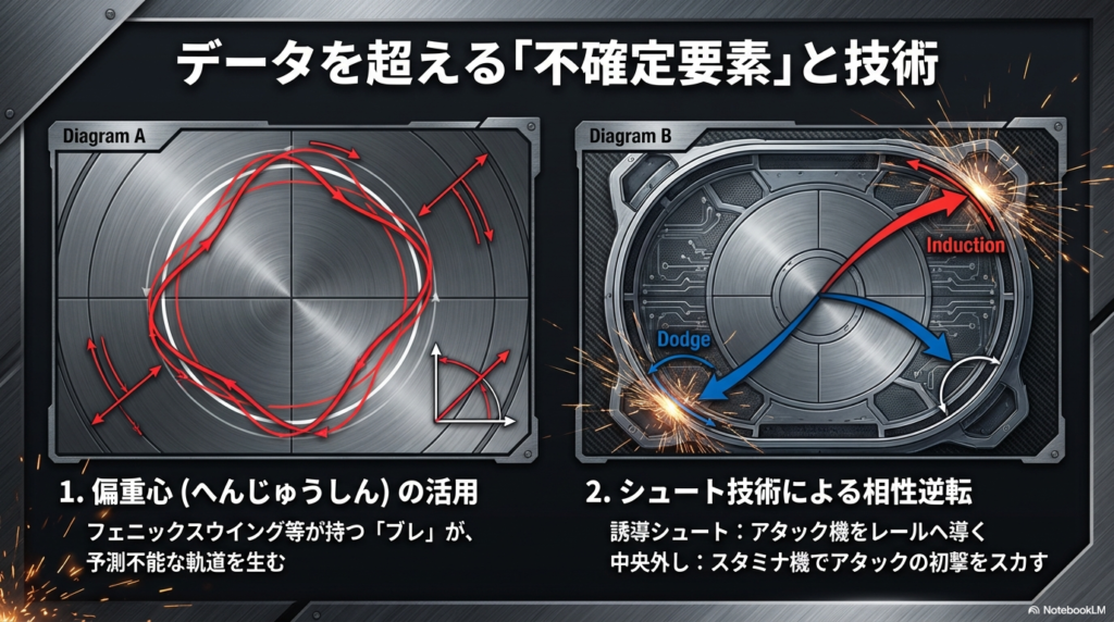 フェニックスウイングのような偏重心ブレードが生む不規則な軌道と、誘導シュートや中央外しといったテクニックを図解した資料。