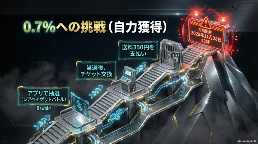 レアベイゲットバトル当選から景品到着までの流れ アプリでの抽選から当選後のチケット交換手続き、送料350円の支払い、そして2025年11月の交換期限まで、公式ルートで景品を入手するためのフローチャートです。