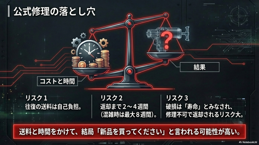 公式修理依頼のリスクとコスト比較 メーカー修理に出した際にかかる送料や数週間の待ち時間、および修理不可で返却されるリスクをまとめた注意喚起の図。