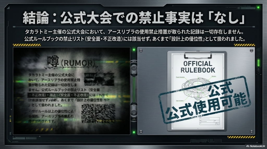 タカラトミー主催の公式大会では使用禁止の記録がなく、公式ルールブック上でも使用可能であることを示す解説図。