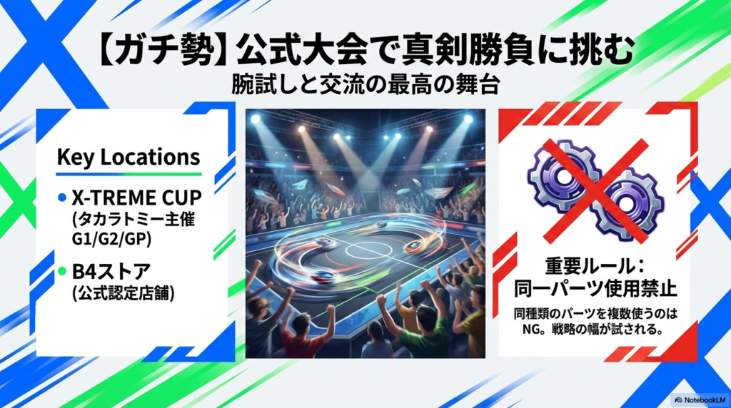 ベイブレード公式大会のスタジアムと熱狂する観客 公式大会「X-TREME CUP」をイメージした、輝くスタジアムと多くの観客が集まる真剣勝負の会場イラスト