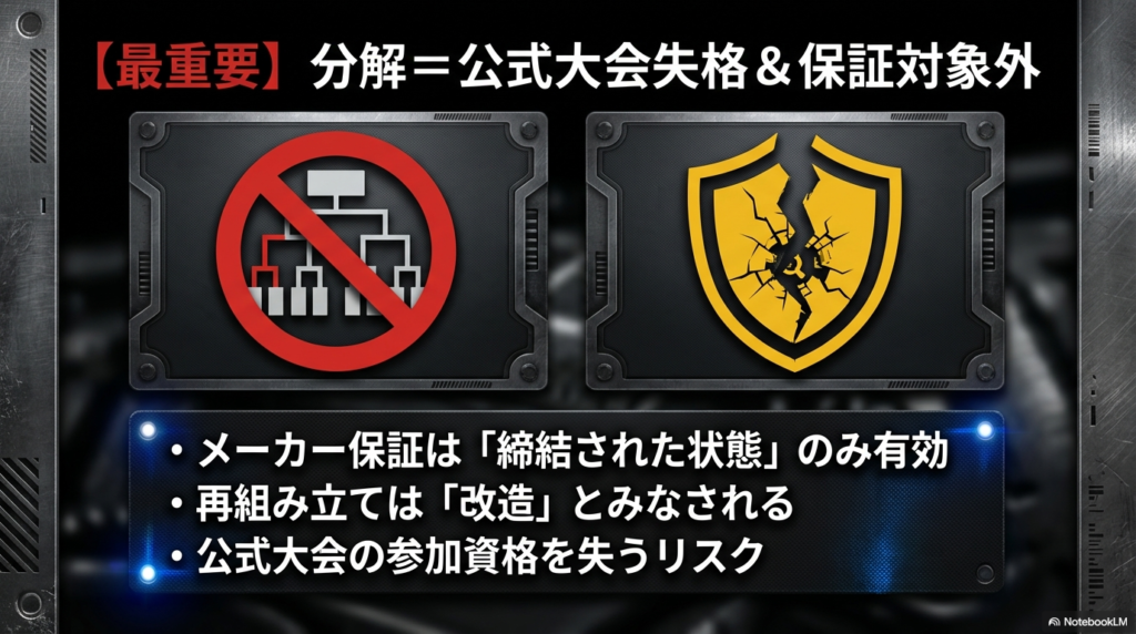 ベイブレードXを分解することでメーカー保証の対象外となり、公式大会への参加資格も失うリスクについての警告。 