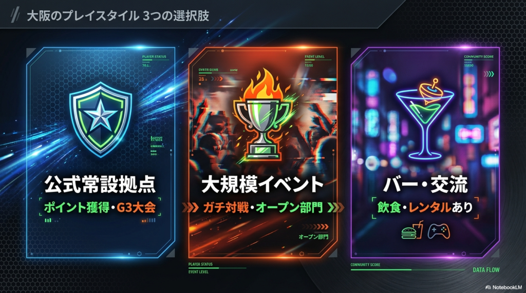 大阪のベイブレードプレイスタイル3選 公式大会、大規模イベント、バーでの交流という大阪でベイブレードを楽しむ3つの選択肢を示したイメージ図