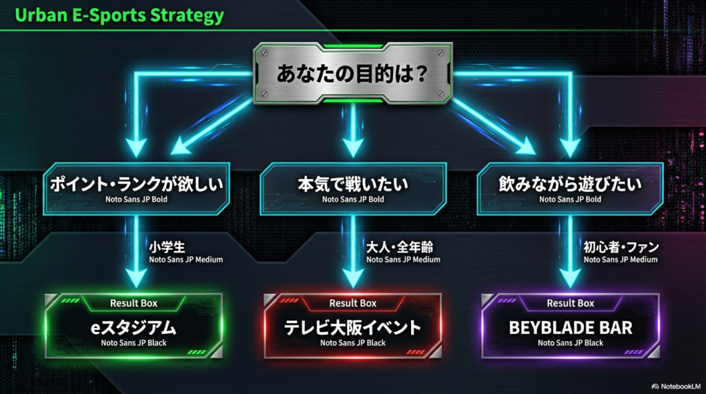 目的別ベイブレードスポット選び方チャート 初心者からガチ勢まで目的やレベルに合わせて大阪のベイブレードスポットを選べるフローチャート