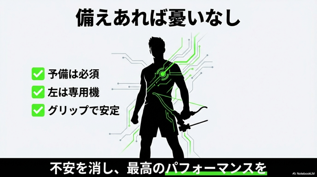 予備の確保、左専用機の導入、グリップによる安定化を行い、不安を消して最高のパフォーマンスを発揮するブレーダーのシルエット画像