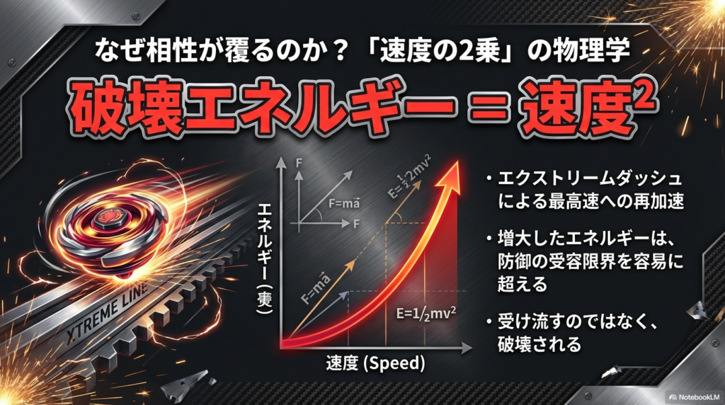 破壊エネルギーは速度の2乗に比例するため、エクストリームダッシュによる再加速が防御の限界を超えることを示した物理グラフ。