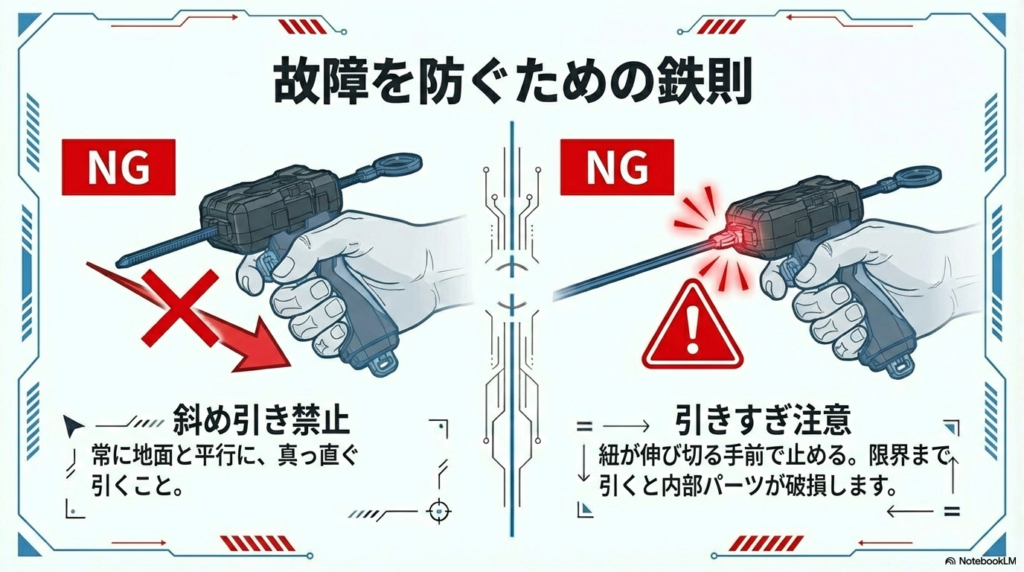 ストリングランチャーの故障を防ぐ正しい引き方 ランチャーの故障原因となる斜め引きや紐の引きすぎを禁止するマークと共に、正しい扱い方を説明した注意喚起のイラストです。