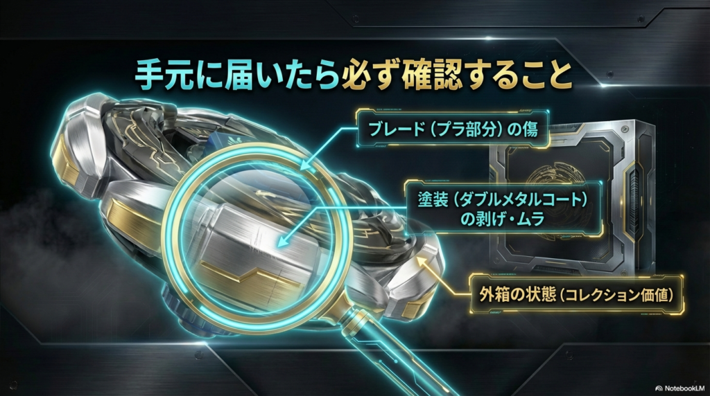 景品到着時の品質確認ポイント エアロペガサスが手元に届いた際に確認すべき点として、ブレードのプラスチック部分の傷、ダブルメタルコートの塗装剥げやムラ、外箱の状態を具体的にリストアップしています。