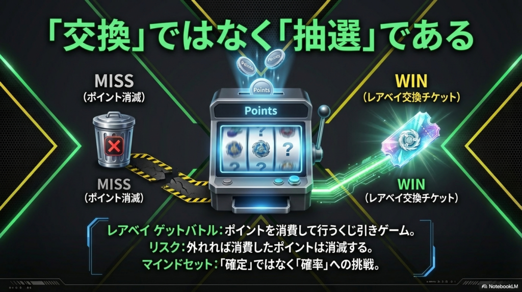 レアベイゲットバトルはポイント消費型の抽選システム ポイント消費して行うくじ引き形式のレアベイゲットバトルにおいて、外れるとポイントが消滅するリスクを示した図です。