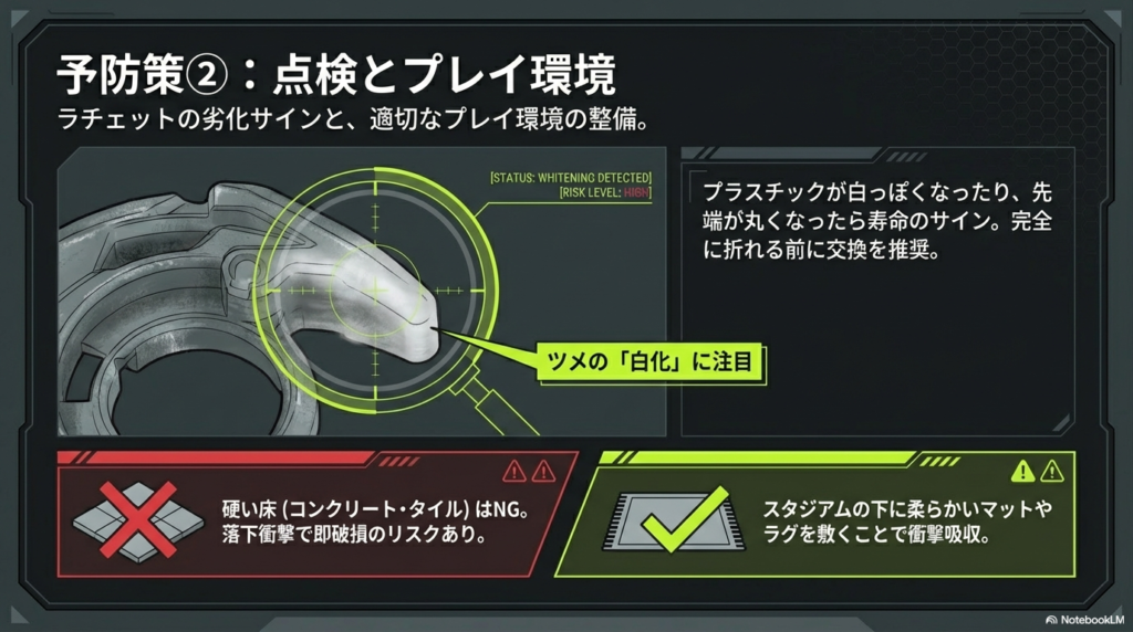 ラチェットの寿命サインであるプラスチックの白化現象の見分け方と、落下衝撃を吸収するためのプレイ環境の整備ポイント。