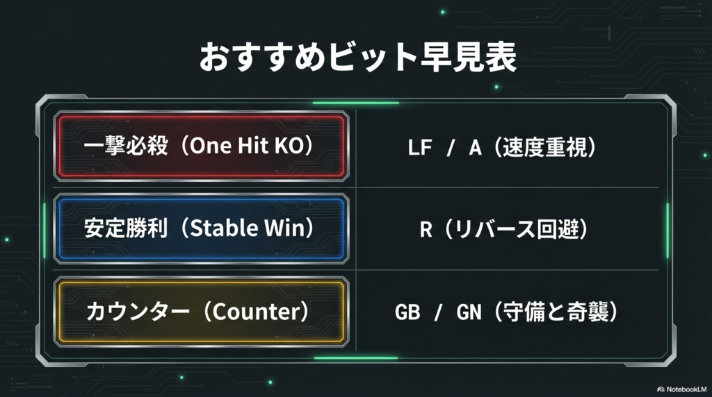 戦略別おすすめビット早見表 一撃必殺や安定勝利など戦略に合わせて最適なビットを選べるマトリクス表