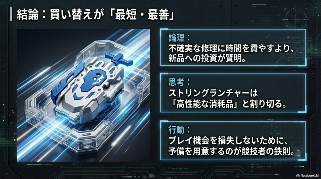 新品への買い替えが最短かつ最善の解決策 不確実な修理に時間を費やすよりも、消耗品と割り切って新品へ買い替えることが合理的であるという結論を示したスライド。