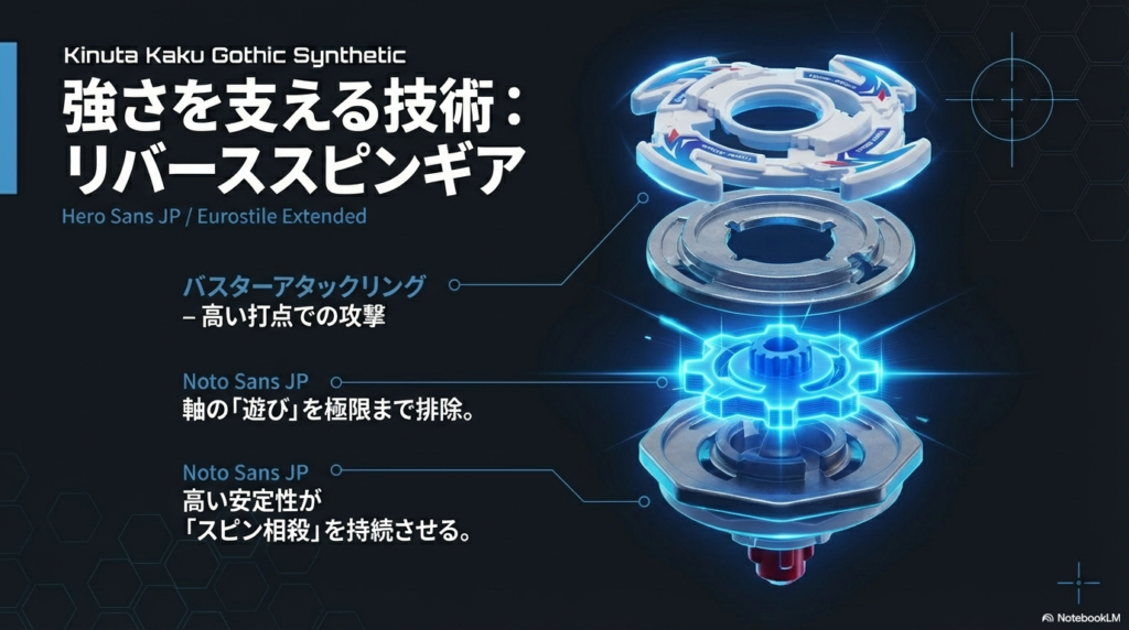 軸の遊びを排除して安定性を高めるリバーススピンギアと、高い打点で攻撃するバスターアタックリングの技術的解説。