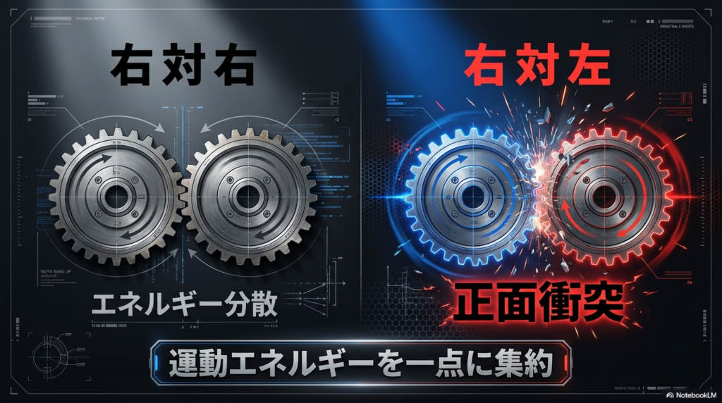 右回転対左回転の正面衝突メカニズム 右回転同士のエネルギー分散と、右対左の正面衝突によるエネルギー集約の違いを比較した図解です。