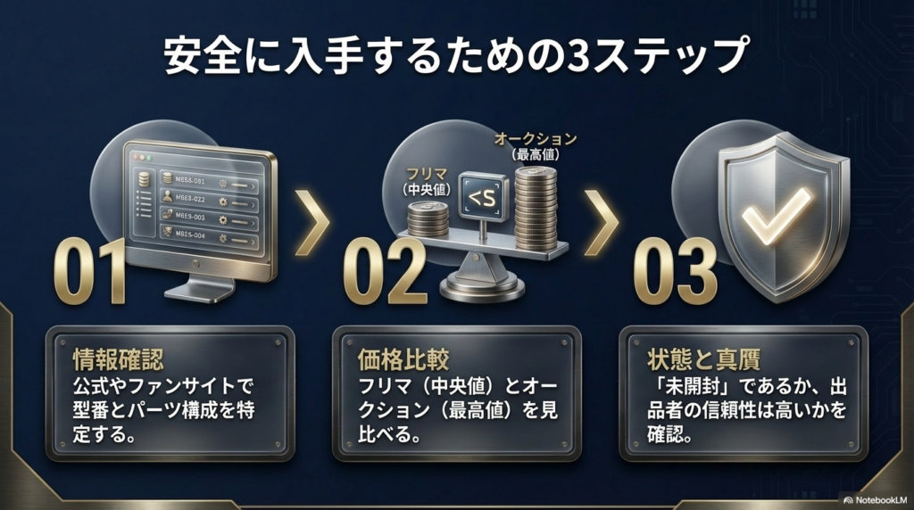 B4ストア限定品を安全に入手するための3ステップガイド ステップ1:情報確認、ステップ2:価格比較(フリマとオークション)、ステップ3:状態と真贋の確認という、安全な購入フローチャート。