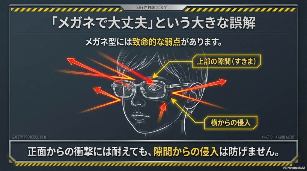 一般的なメガネ型保護具の隙間と危険性 メガネ型保護具を装着した顔のイラスト。上部や横からの隙間があり、そこから飛来物が侵入するリスクを図解。