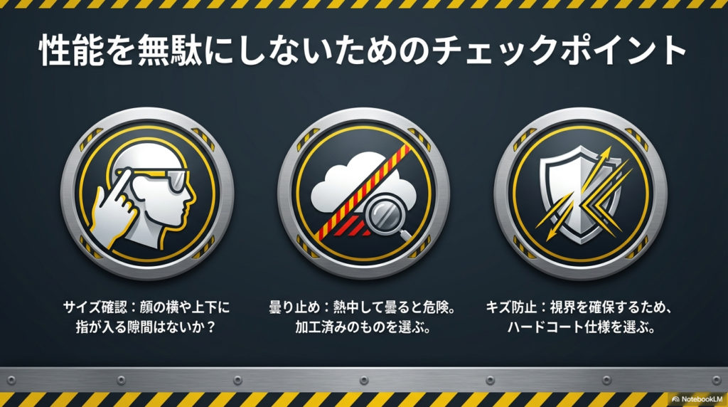 保護ゴーグルの性能を無駄にしないチェックポイント ゴーグル選びの3つのポイント。顔のサイズ確認、曇り止め加工、キズ防止ハードコートの重要性をアイコンで解説。