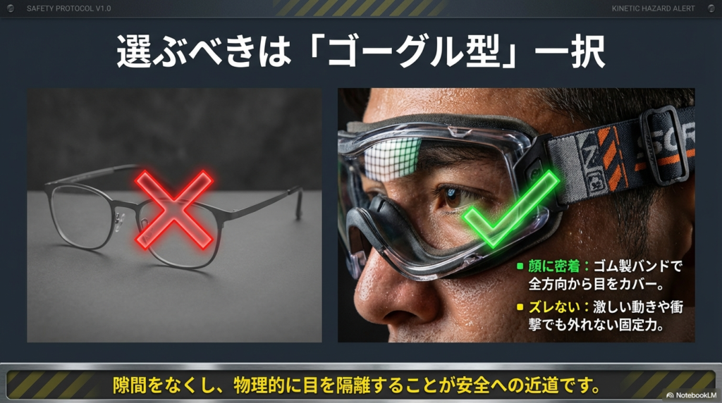 全方向から目を守るゴーグル型保護具のメリット 顔に密着するゴーグル型のイラスト。ゴム製バンドで固定され、隙間がなく物理的に目を隔離する安全性を強調。