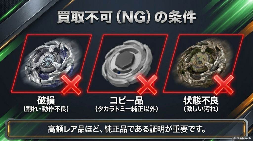 買取不可となる破損やコピー品の例 激しく破損したベイブレードやタカラトミー純正以外のコピー品は買取対象外となることを示す注意喚起の図です。