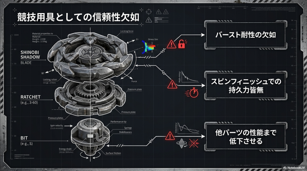 忍びシャドウの3つの致命的な弱点 忍びシャドウのブレード、ラチェット、ビットそれぞれの構造が引き起こす、バースト耐性の欠如や持久力の皆無といった問題点を図解したもの。