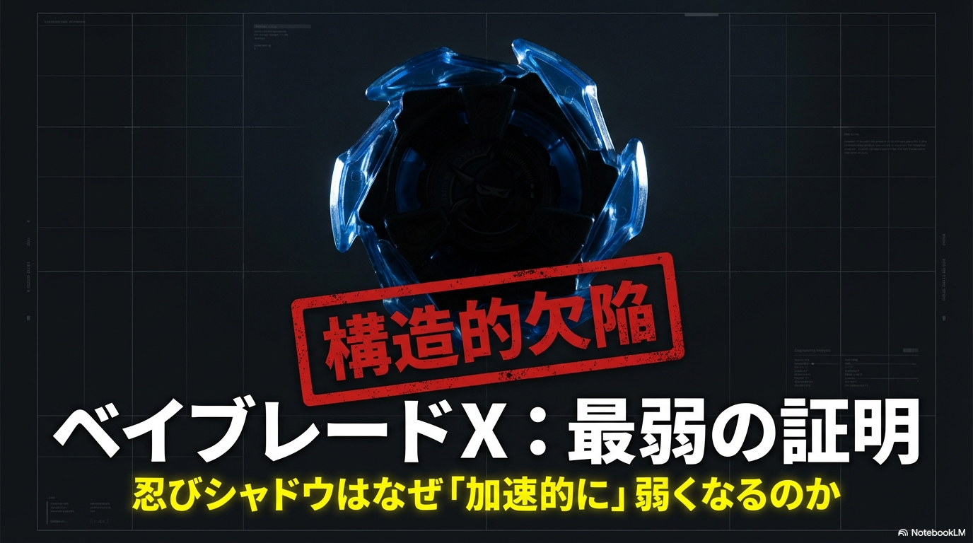 ベイブレードXの忍びシャドウが抱える構造的な欠陥と、それが最弱である理由を示したスライドの表紙。