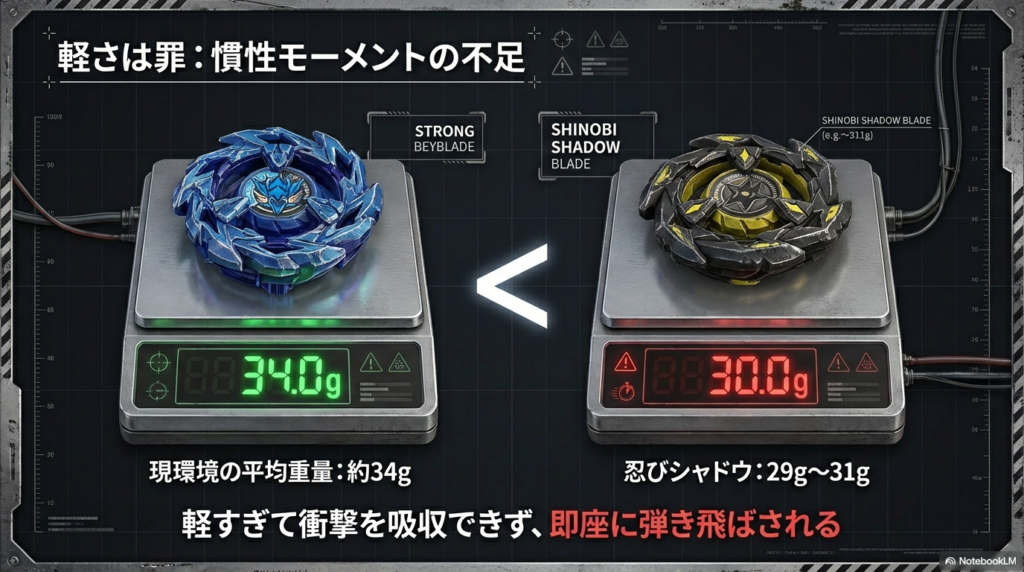 軽さは罪、忍びシャドウの重量不足とデメリット 現環境の平均重量約34gに対し、忍びシャドウは約30gと軽量であり、衝撃を吸収できずに弾き飛ばされる様子を比較した図。
