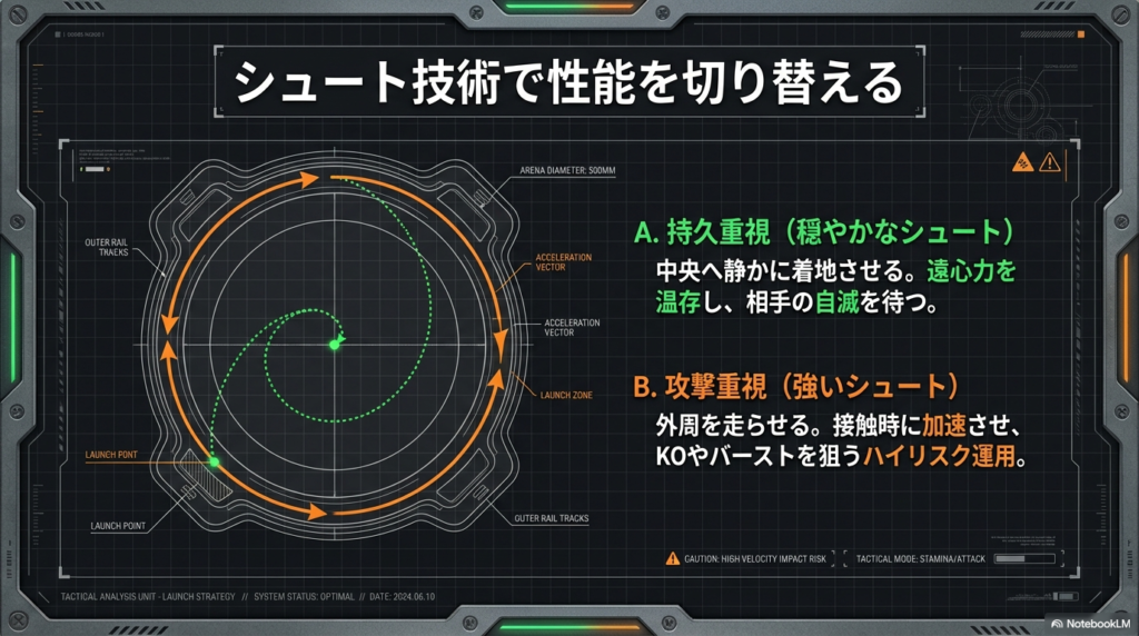 持久重視のセンターシュートと攻撃重視のアウターシュートの軌道の違いを示したスタジアムの分析図です。