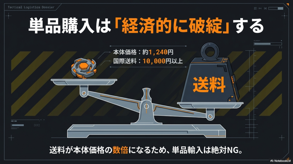 ベイブレード単品輸入時のコスト構造と赤字リスク 本体価格よりも国際送料が数倍高くなるためベイブレードの単品輸入は経済的に破綻することを示したコスト分析図
