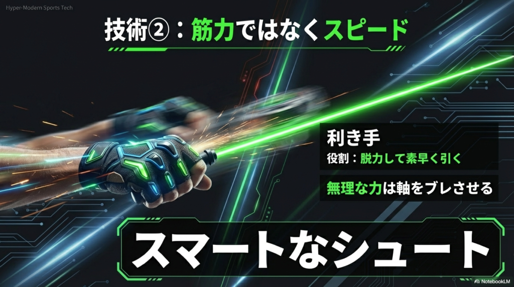 筋力ではなくスピードで引くスマートなシュート 利き手は脱力して素早く引き無理な力を使わずに軸ブレを防ぐスマートなシュート方法