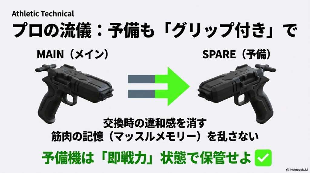 メイン機と予備機を同じグリップ構成にすることで筋肉の記憶（マッスルメモリー）を乱さず即戦力にするための保管方法