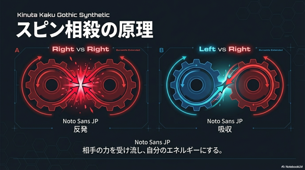 右回転同士の衝突による反発と、左回転対右回転による回転吸収（スピン相殺）の物理的な違いを比較したギアの構造図。