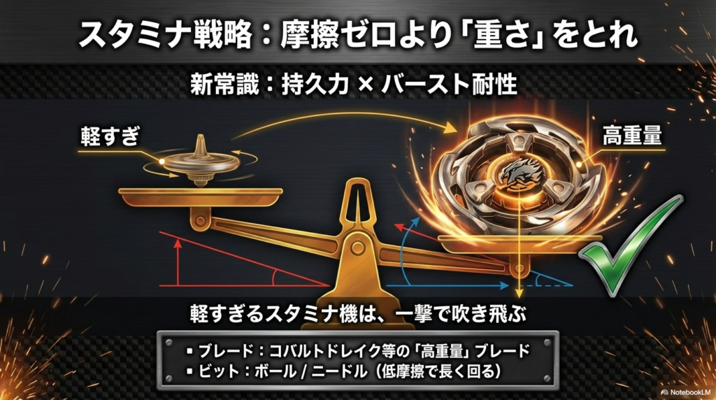軽すぎるスタミナ機は吹き飛ばされるため、ボールビットの低摩擦に加え、高重量ブレードでバースト耐性を高める重要性を説いたスライド。