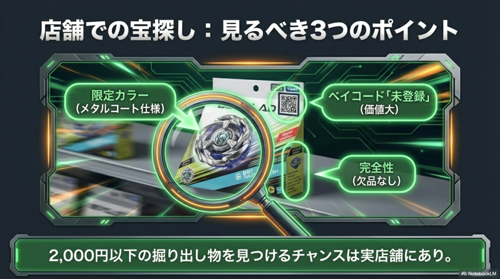 実店舗で見るべき3つの宝探しポイント 店舗でレアなベイブレードXを見つけるために確認すべき限定カラーやベイコード未登録などの重要なポイントを解説しています。