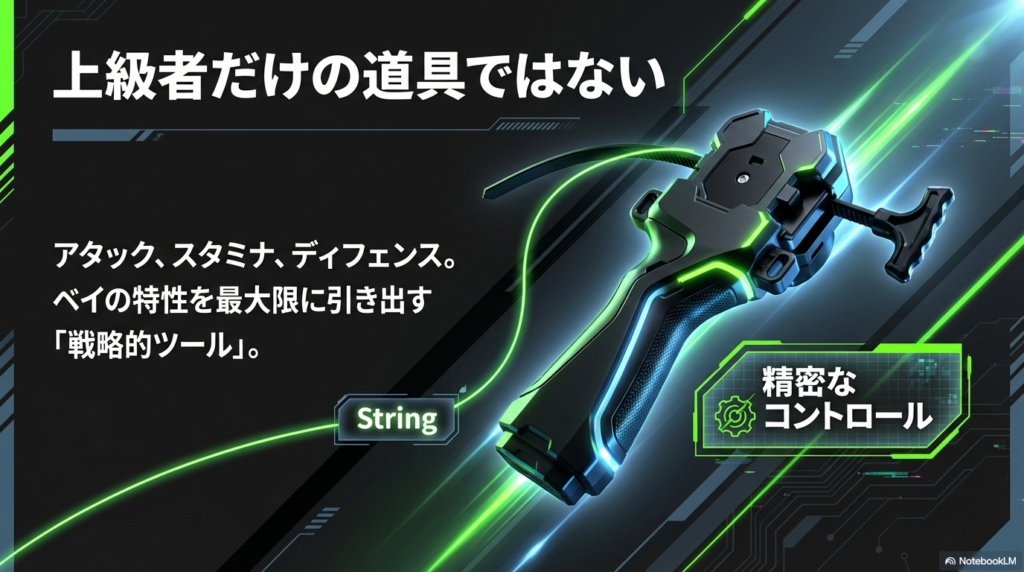 ベイの特性を引き出す戦略的ツール ストリングランチャーは上級者だけの道具ではなくベイの特性を最大限に引き出すための戦略的ツールであるという解説