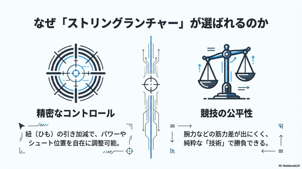 ストリングランチャーが選ばれる理由とメリット ストリングランチャーが持つ精密なコントロール性能と、筋力差が出にくい競技の公平性を天秤と的のイラストで表現した図です。