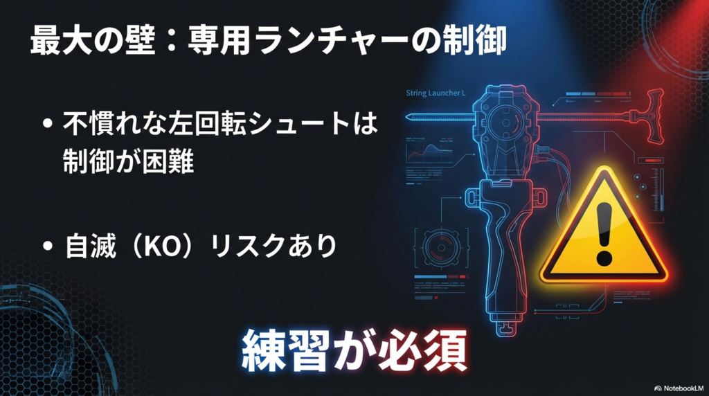 ストリングランチャーLの制御と難易度 左回転専用のストリングランチャーLの制御が難しく自滅リスクがあるため練習が必須であることを警告する画像です。