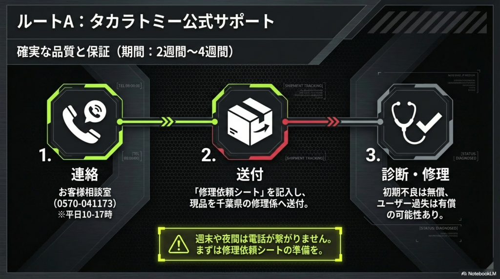 タカラトミーお客様相談室への連絡から修理依頼シートの送付、診断までの3ステップを示した公式サポート利用の流れ。