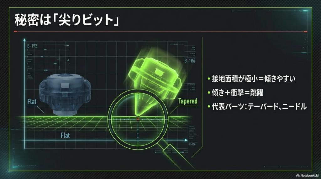 尖りビットとフラットビットの接地面積比較 テーパードビットとフラットビットの形状を比較し、接地面積が小さいことで傾きと跳躍が生まれる仕組みを解説しています。
